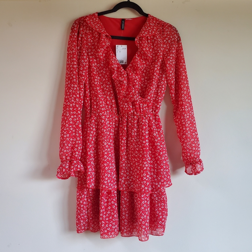 NWT H&M Red Floral Long-Sleeve Faux- Wrap Dress - Size XS